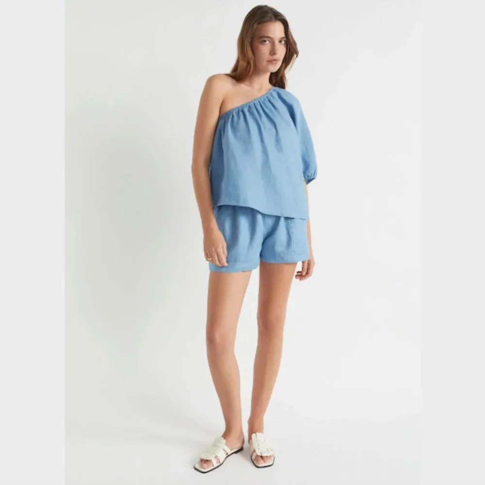 Seed Heritage Blue Linen One Shoulder Blouse Top Size 10 Asymmetric Casual Women - Picture 5 of 16